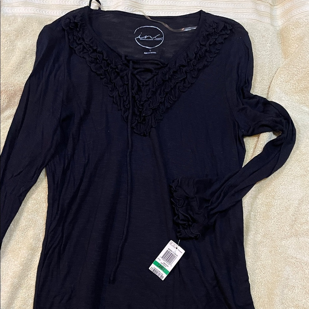INC International Concepts Black Ruffled Long Sleeve Top